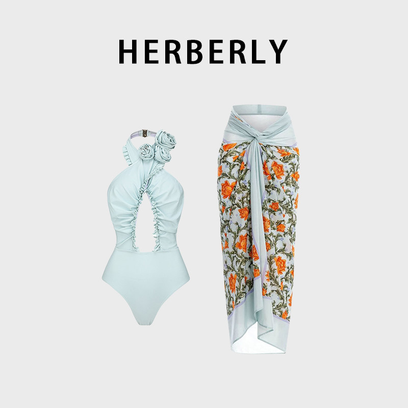 HERBERRY泳装女复古优雅气质时尚比基尼海边沙滩度假裙式连体泳衣