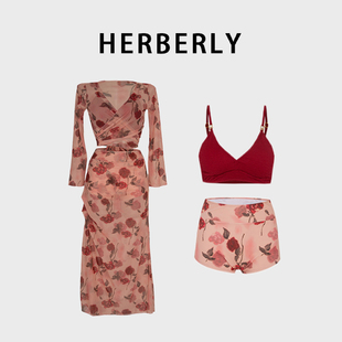 HERBERRY泳装高级女人味长袖纯欲性感绝美泡温泉度假分体泳衣长裙