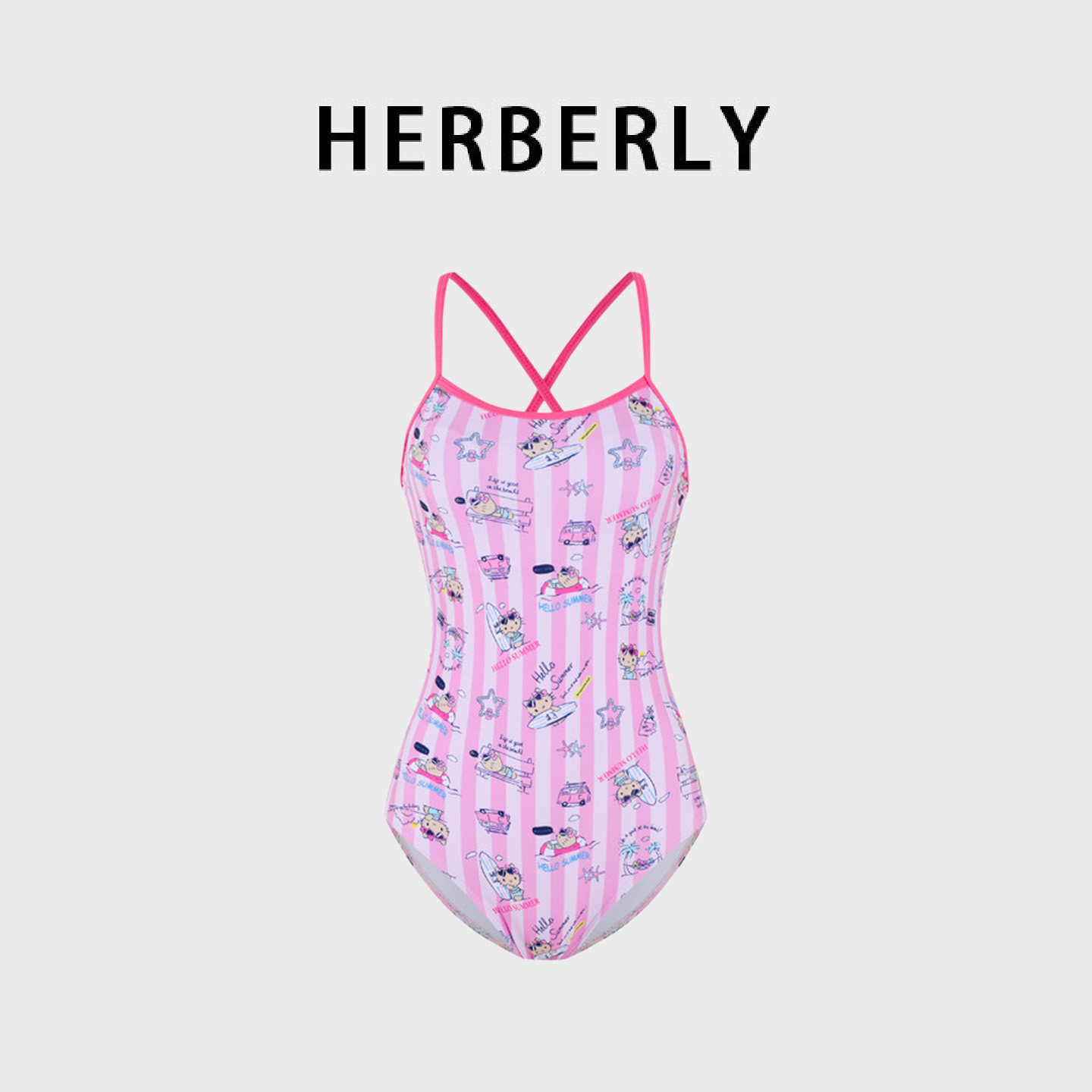 HERBERRY泳装少女卡通保守显瘦吊带露背潜水冲浪竞速三角连体泳衣