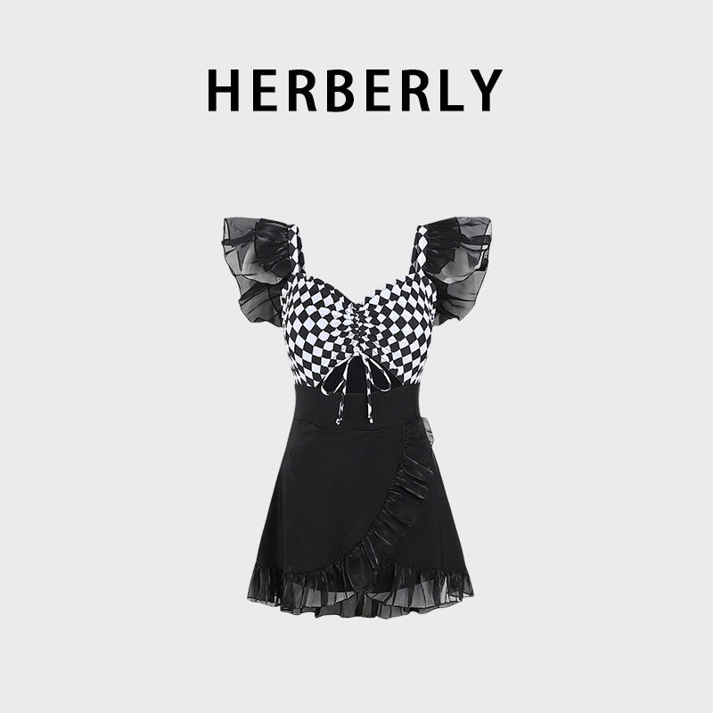 HERBERRY泳装女2025新款网红纯欲风显瘦遮肉裙式温泉度假连体泳衣