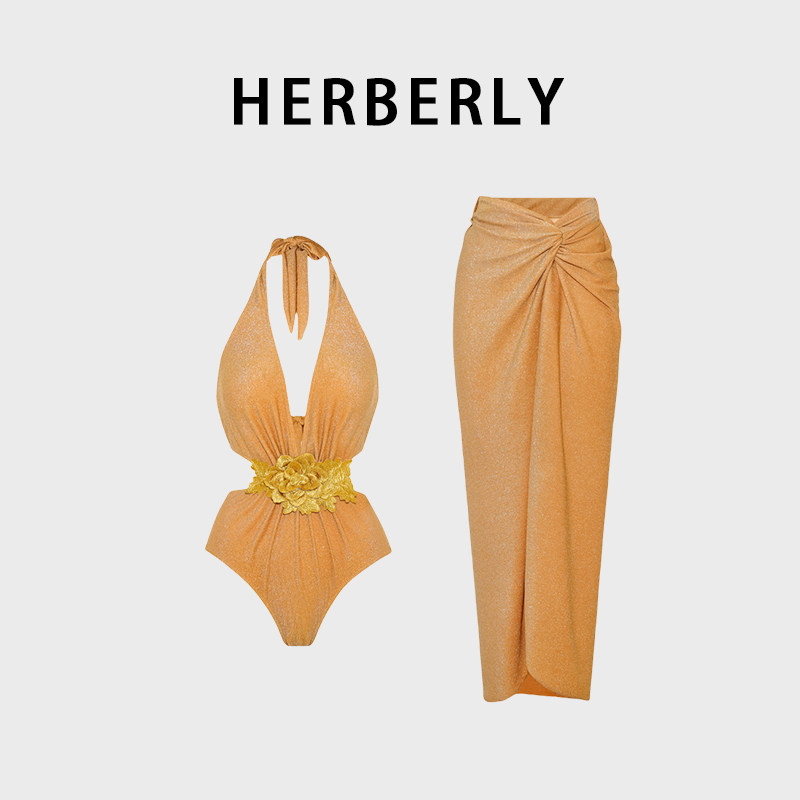 HERBERRY泳装女深V绑带挂脖比基尼收腰显瘦性感温泉裙式连体泳衣