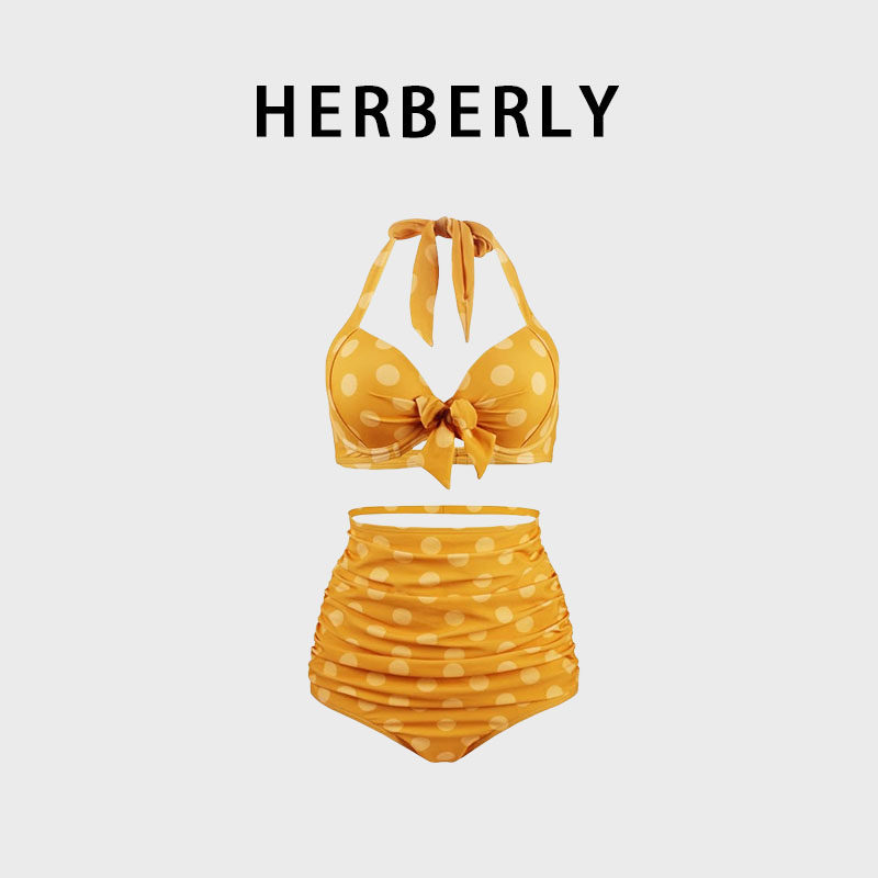 HERBERRY泳装女夏季显瘦大胸钢圈聚拢性感显瘦波点度假分体游泳衣