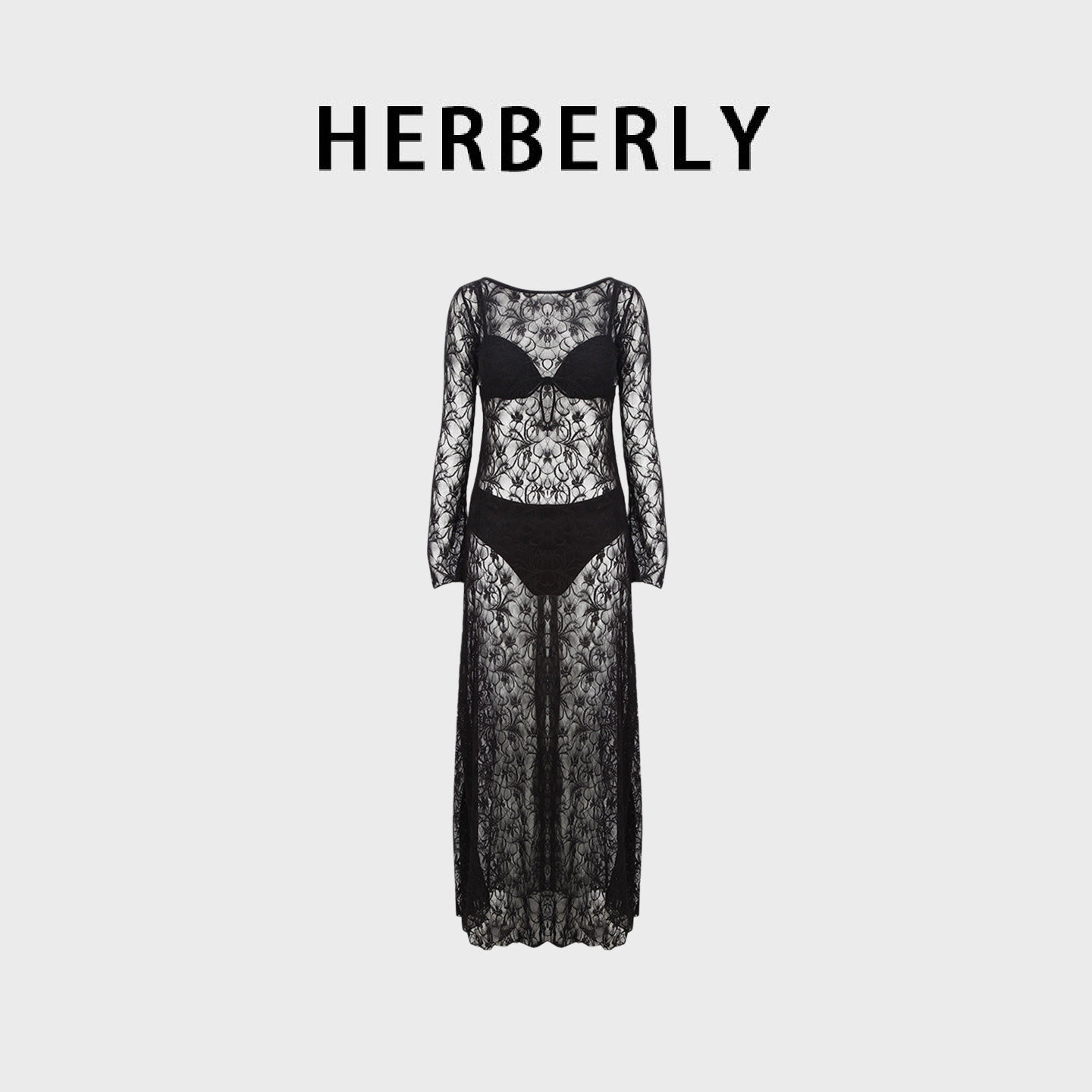 HERBERRY泳装高级黑色性感比基尼透视长裙泡温泉度假绝美分体泳衣