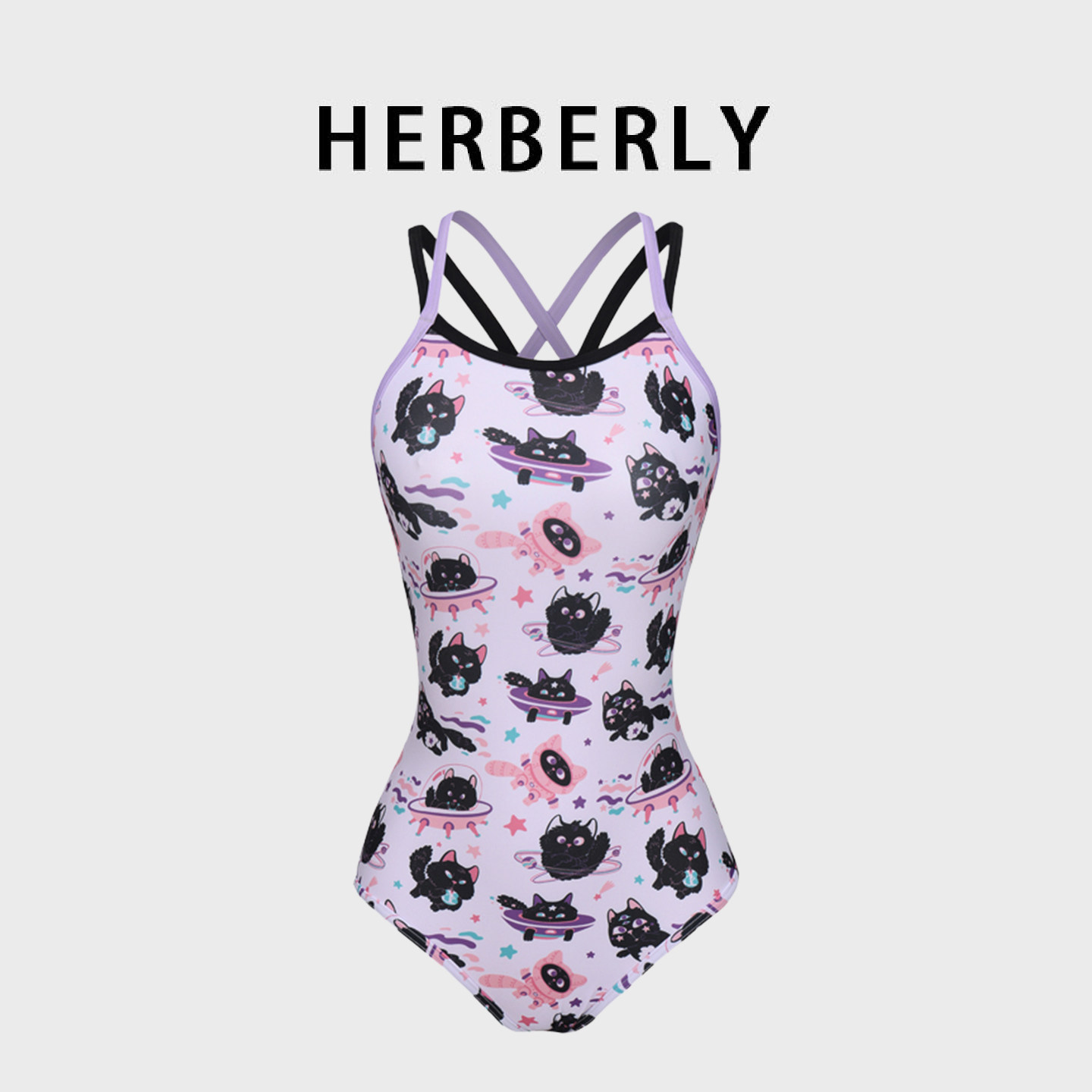 HERBERRY泳装保守显瘦吊带露背卡通印花无胸垫竞速运动连体游泳衣