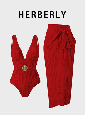HERBERRY泳装高级复古红色时尚深V性感显瘦温泉度假裙式连体泳衣