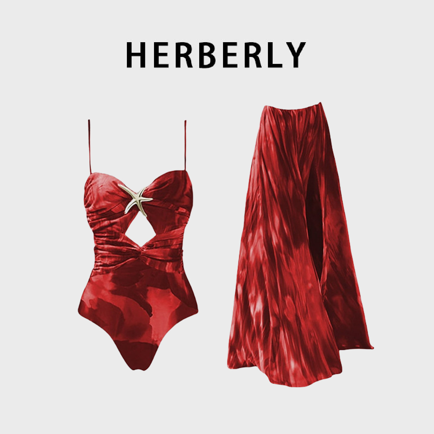 HERBERRY泳装高级显白显瘦镂空比基尼泡温泉度假绝美连体泳衣长裙