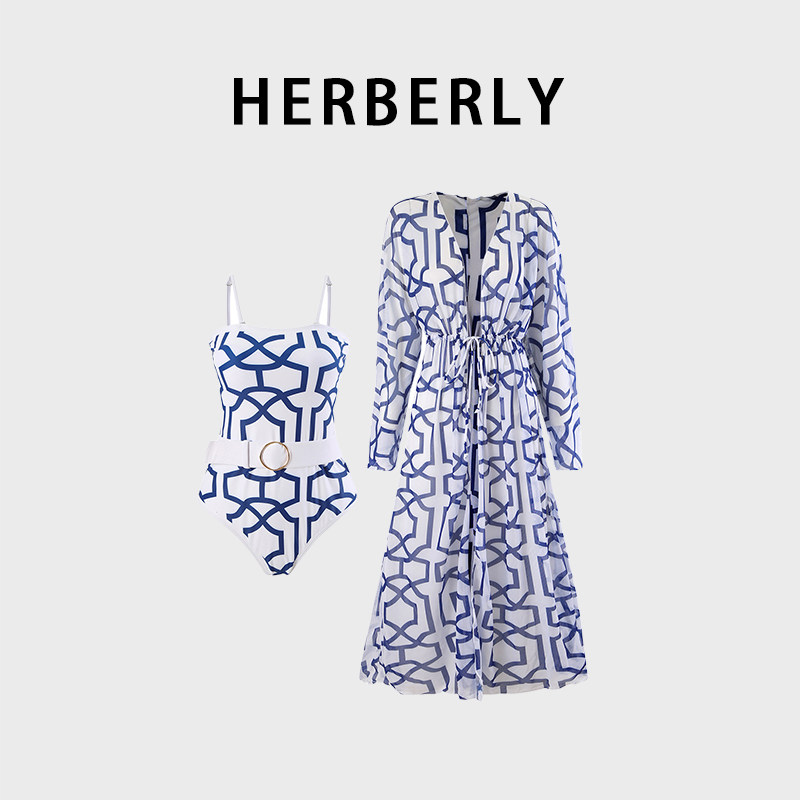 HERBERRY泳装女法式复古印花洋气连体泳衣长袖防晒沙滩温泉度假风