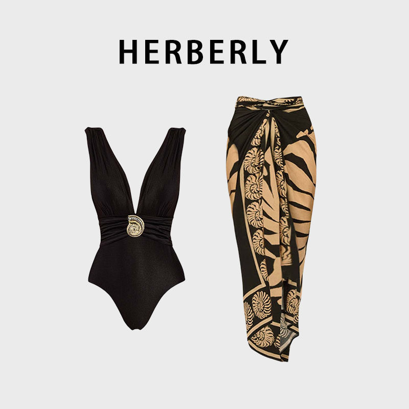 HERBERRY泳装复古高级深V显瘦性感比基尼海岛温泉度假连体泳衣裙