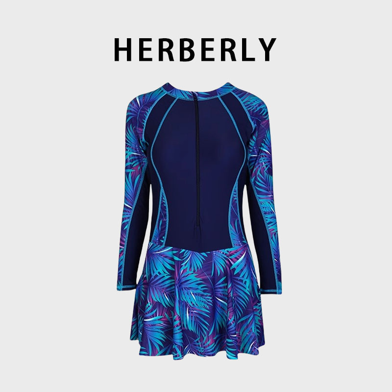 HERBERRY泳装长袖防晒保守显瘦遮肚冲浪潜水运动大码平角连体泳衣
