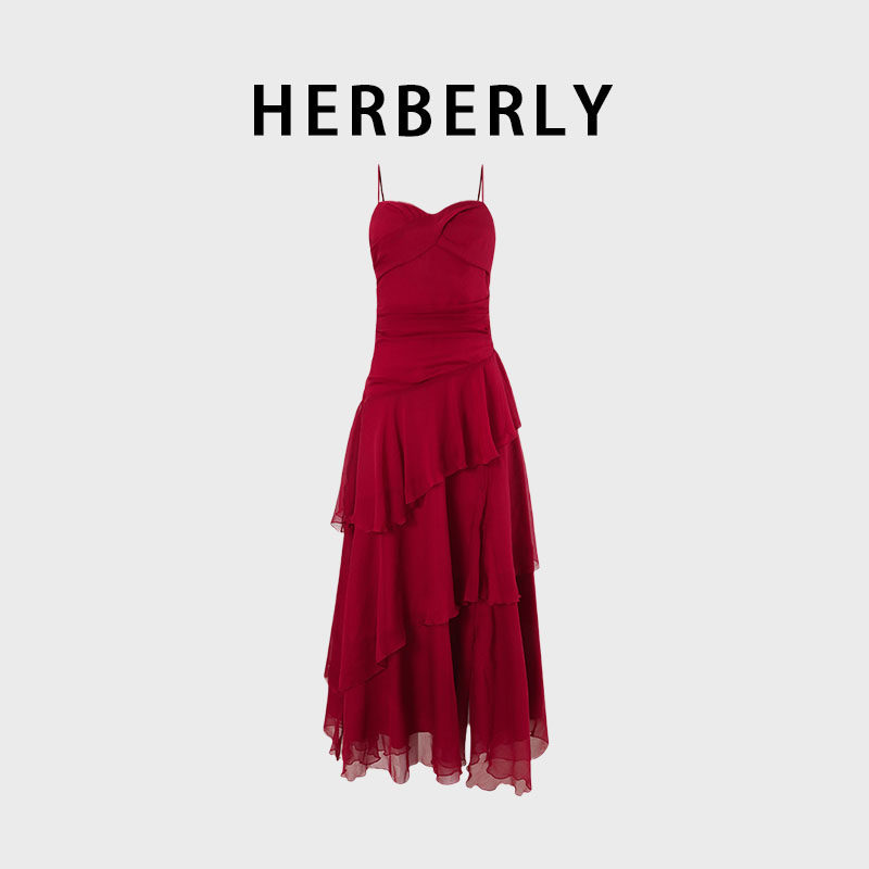 HERBERRY纯欲风火辣显瘦性感沙滩海边度假长裙吊带红色绝美连衣裙