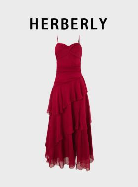 HERBERRY纯欲风火辣显瘦性感沙滩海边度假长裙吊带红色绝美连衣裙