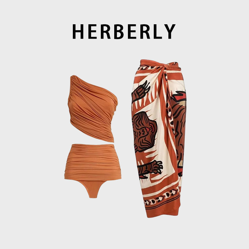 HERBERRY泳装女夏季新款单肩性感褶皱个性显瘦遮肚时尚度假泳衣女