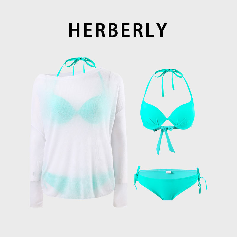 HERBERRY泳装原创纯欲钢托聚拢显瘦性感比基尼网纱长袖分体游泳衣