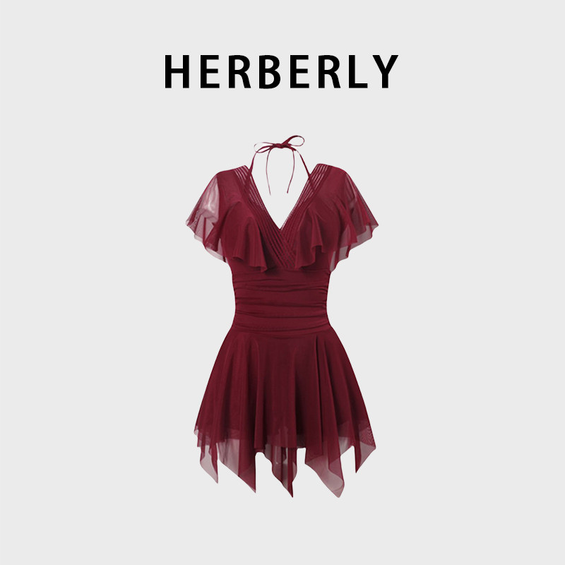 HERBERRY泳装女保守显瘦遮肚微胖MM海边沙滩温泉裙式度假连体泳衣