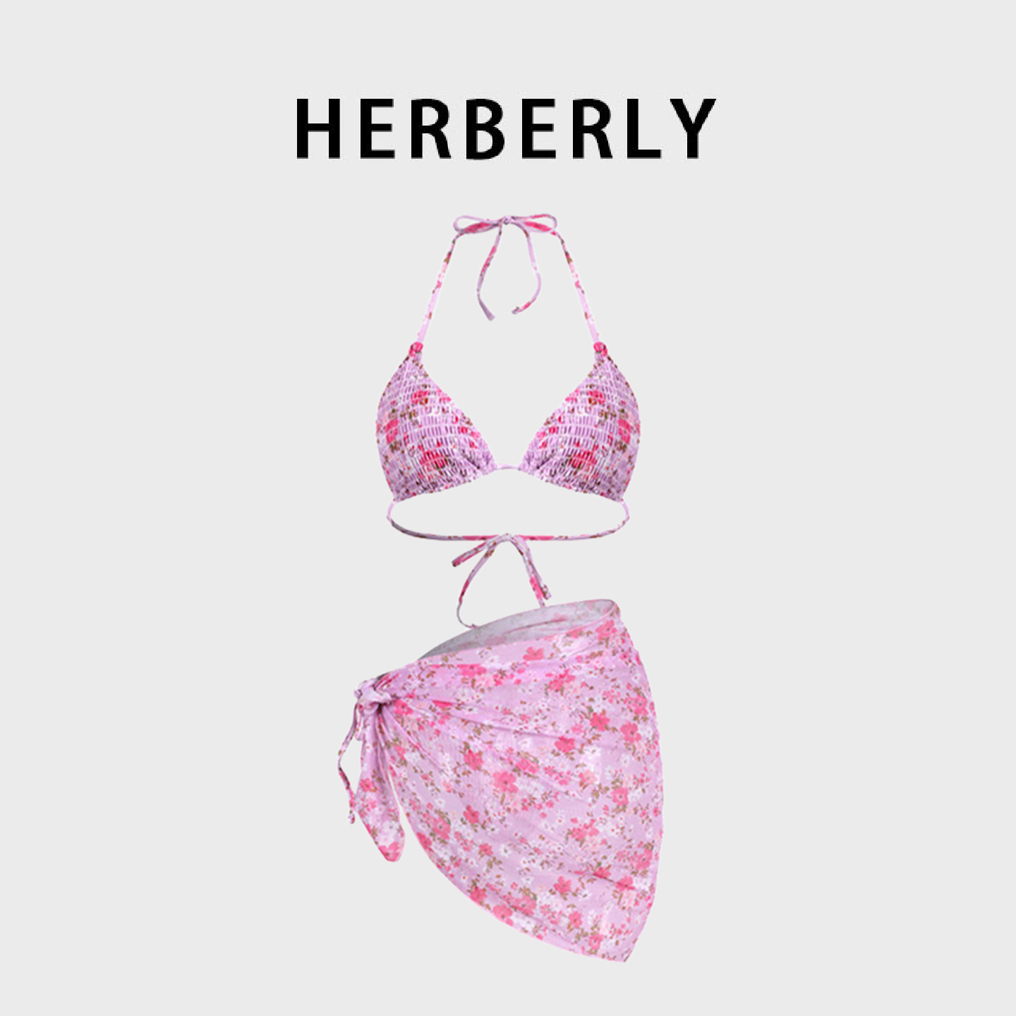 HERBERRY泳装2025新款比基尼纱裙三件套印花性感度假分体泳衣女