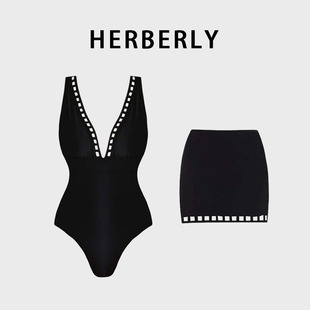 HERBERRY泳装复古深V显瘦性感比基尼海岛泡温泉度假连体泳衣裹裙