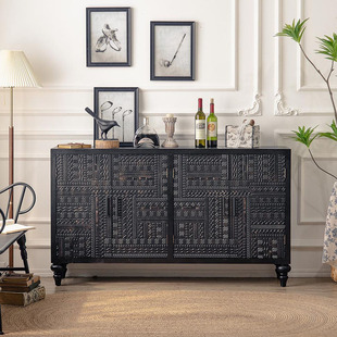 饰柜子实木民宿置物柜餐边柜 复古雕花玄关柜收纳柜储物柜客厅装