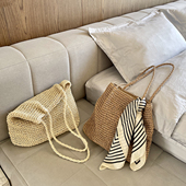 ins韩版 复古草编包拉链单肩沙滩包简约森系编织托特包大容量女包