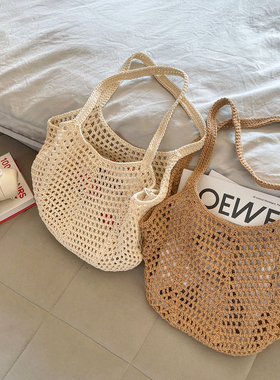chic编织袋休闲大容量棉线镂空草编包慵懒风单肩沙滩包度假女包包