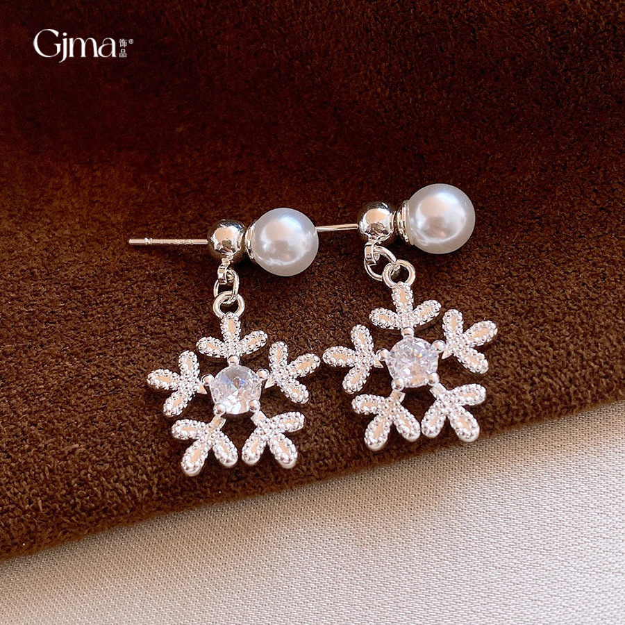 银针韩系甜美锆石雪花珍珠耳环