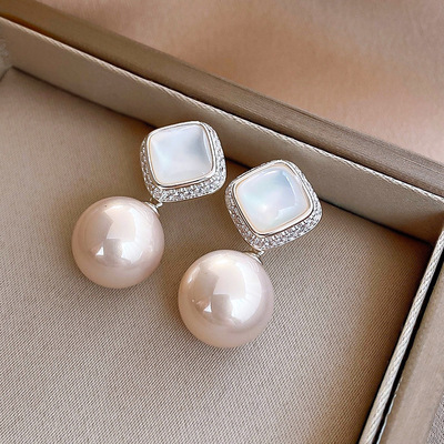 法式复古锆石贝母珍珠耳钉