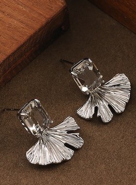 Square Ginkgo Earrings, Crystal Glass Sparkling Studs