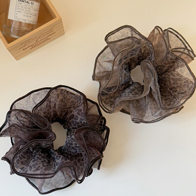 韩系慵懒风豹纹网纱大肠发圈女