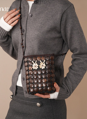 复古民族风几何木珠椰壳花朵包包