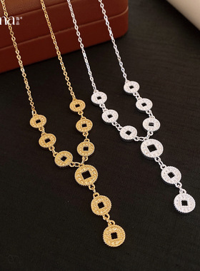 法式简约风圆形镂空铜钱流苏项链