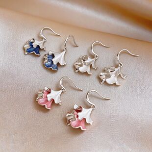 Spring Pink Enamel Ginkgo Leaf Earrings, Chic Vintage Style