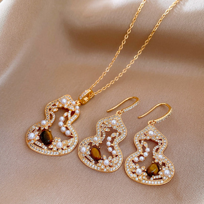 锆石葫芦镂空虎眼石珍珠耳环