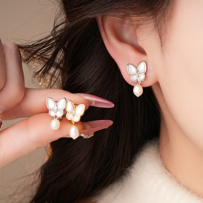 18k真金电镀贝母蝴蝶珍珠耳夹