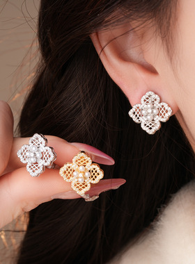 18K Gold Floral Earrings, Zircon Pearl Clip-Ons Vintage