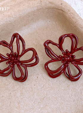 Red Hollow Studs, Enamel Floral Vintage Minimalist Earrings