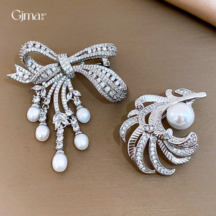 Zircon Brooch Bow Pearl Pin French Luxury Feather