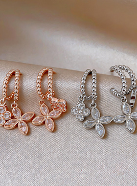 Zircon Floral Earrings, C-Hoop French Vintage Studs
