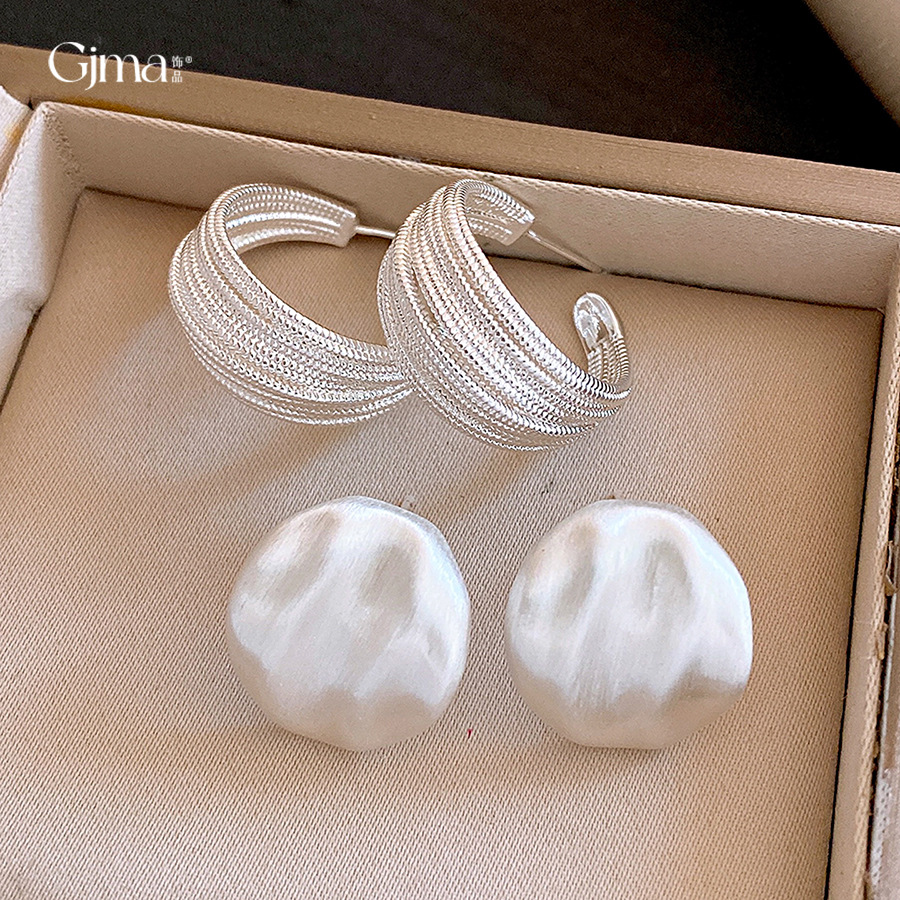 银针韩系几何多层C形褶皱耳环