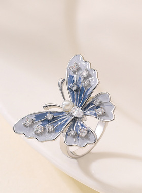 个性珐琅滴釉镶钻珍珠蝴蝶戒指