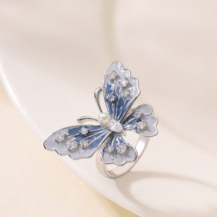 Bold Enamel Jewelry Diamond Pearl Butterfly Ring