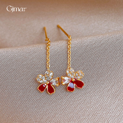 18k金电镀银针锆石花朵流苏耳环