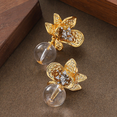 银针甜美镶钻花朵珍珠耳环