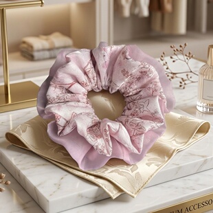 Pink Floral Double-Layer Scrunchie Elegant Hair Accessory