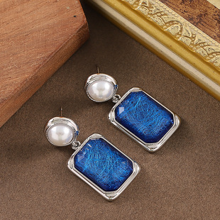Klein Blue Earrings, Resin Geometric Pearl Luxury Drops
