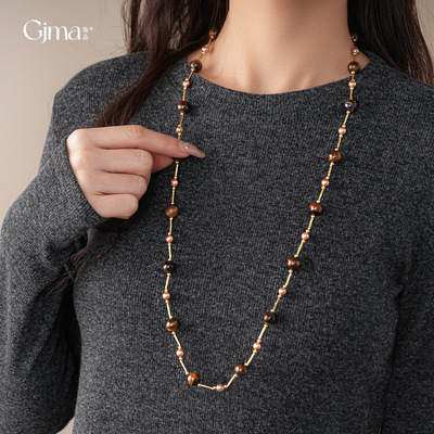 复古美拉德风叠戴虎眼石串珠项链