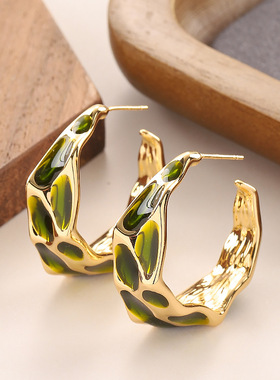 Green Leopard Hoops, Marbled Enamel Bold Earrings