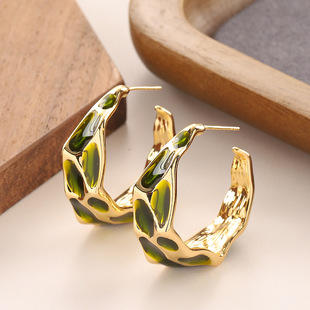 Leopard Bold Hoops Enamel Earrings Marbled Green