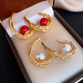 Gold Earrings Plated Oval 18K Stud Geometric Pearl Elegant