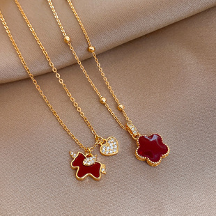 18K Gold Red Horse Necklace, Enamel Zodiac Collarbone Chain