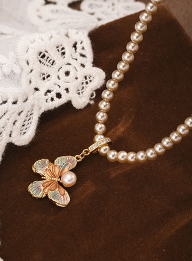 油画蝴蝶珍珠项链锁骨链