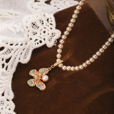 油画蝴蝶珍珠项链锁骨链